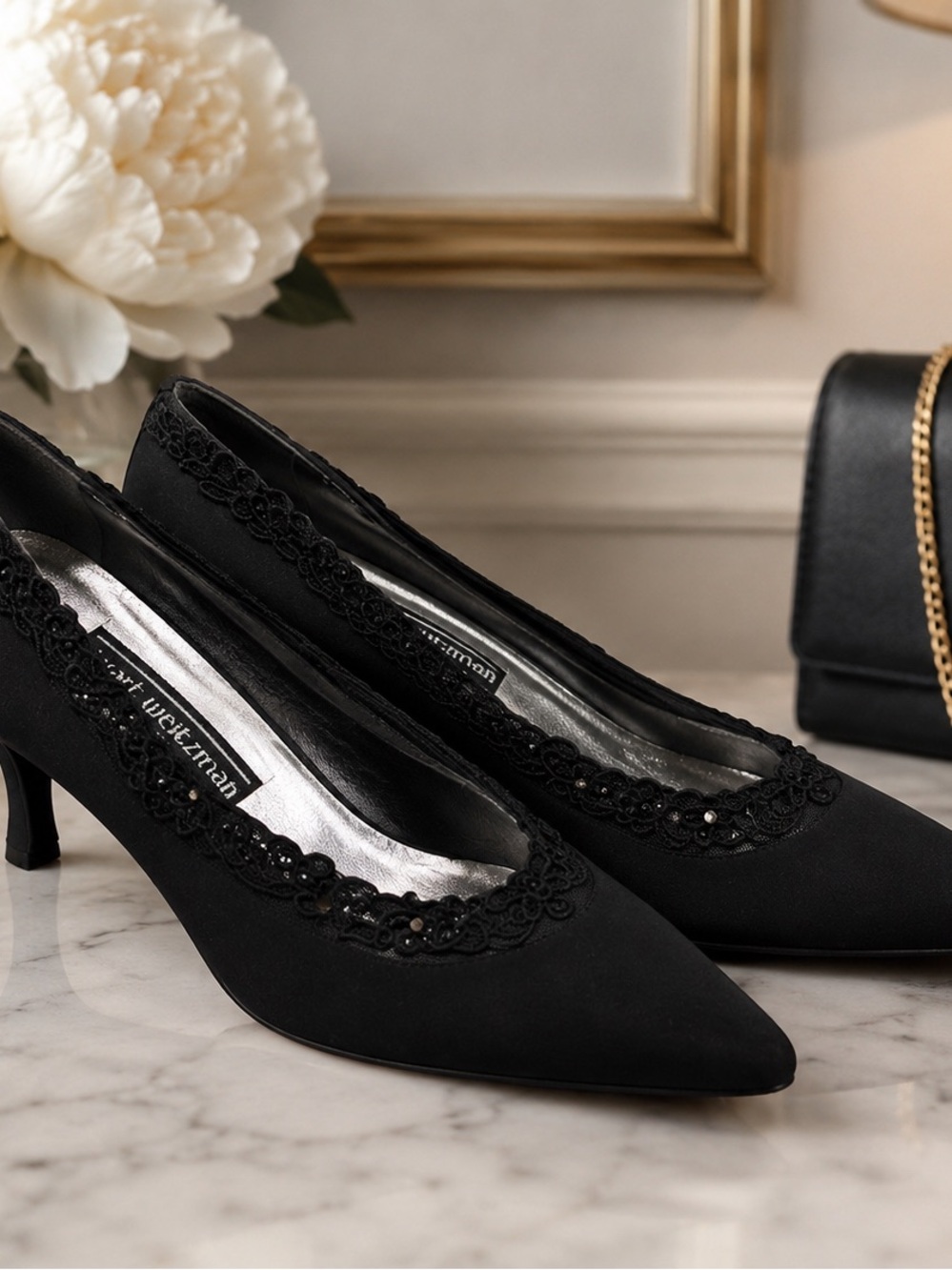 Stuart Weitzman Black Pointed-Toe Lace Trim Pumps